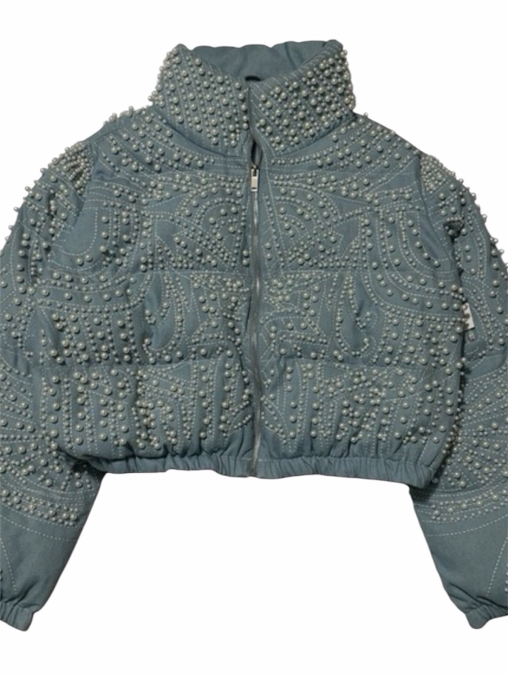 Azalea Wang Alix Puffer Denim Cropped Jacket Full Pearl Embellished
